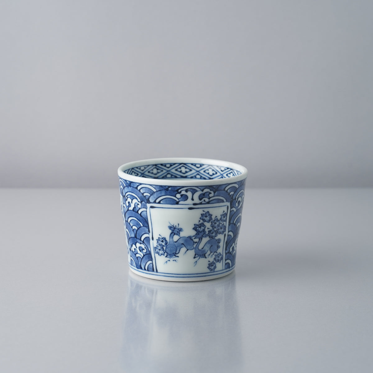 波佐見焼 染付 手彫そば猪口 190ml 紅葉鹿絵 Takayama Studio1156