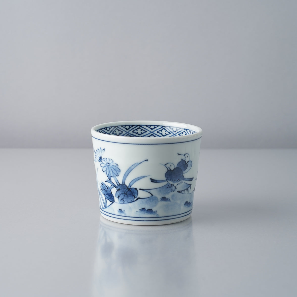 波佐見焼 染付 手彫そば猪口 190ml 花鳥草花 Takayama Studio1156