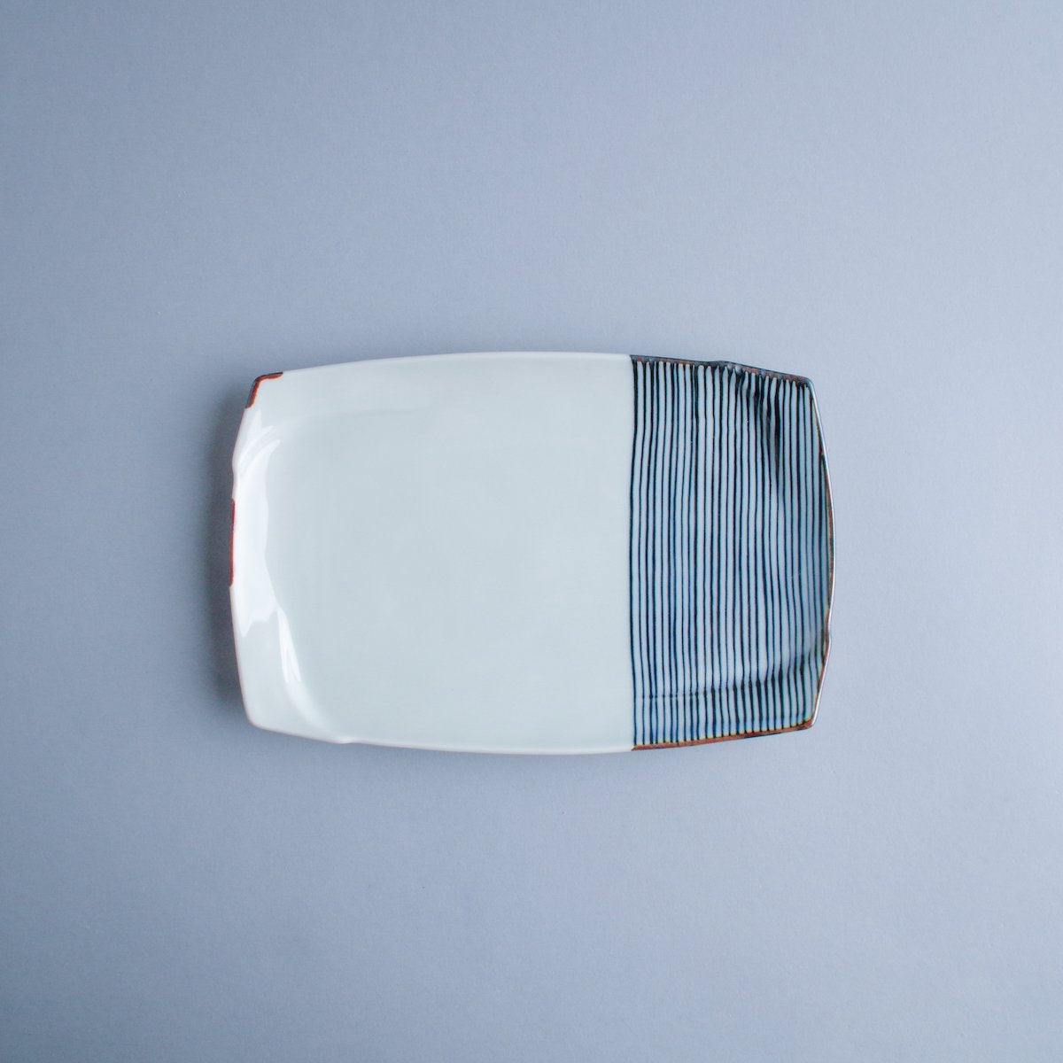 波佐見焼 手描き染付 長角皿 21.5cm ハーフライン Fukuho Studio1156