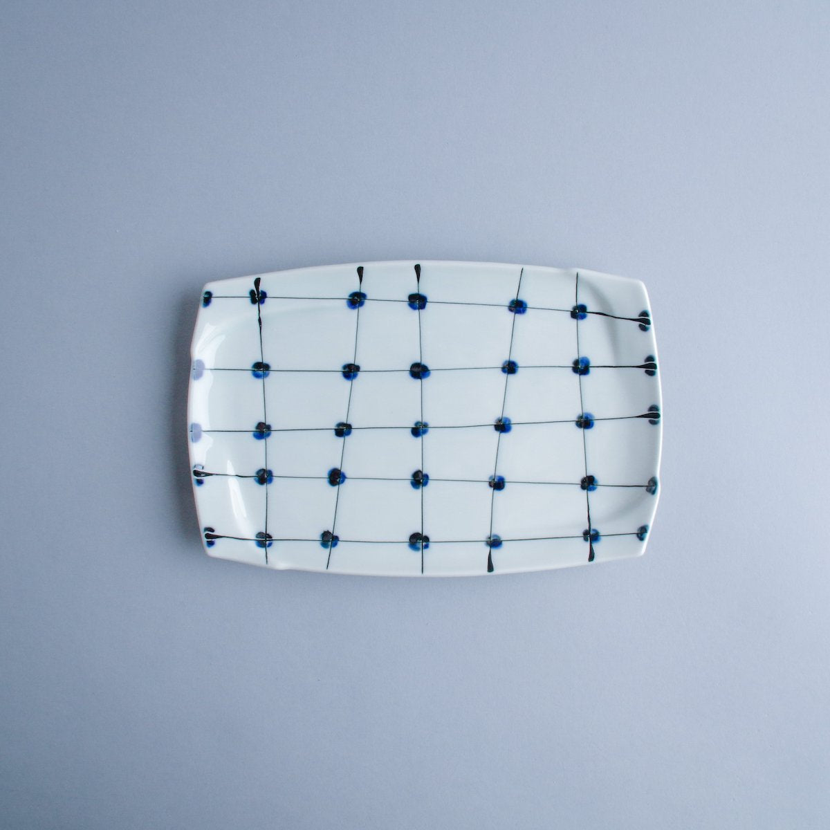 波佐見焼 手描き染付 長角皿 21.5cm 点格子 Fukuho Studio1156