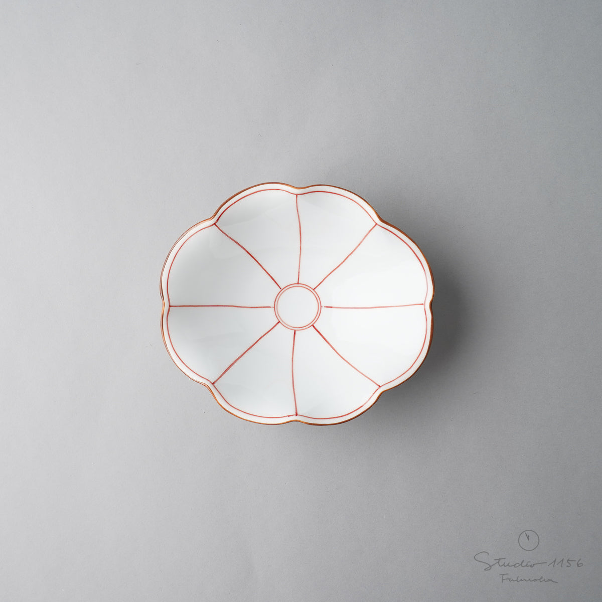 波佐見焼 菊型楕円浅鉢 14.5cm 間取紋(赤) Korin Studio1156