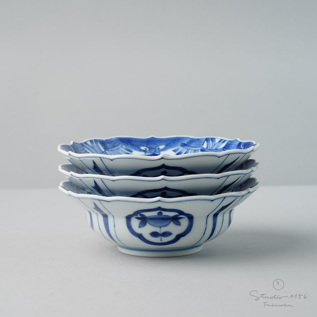 有田焼 古染付 鹿絵芙蓉手輪花 向付 14.5cm Riso Studio1156