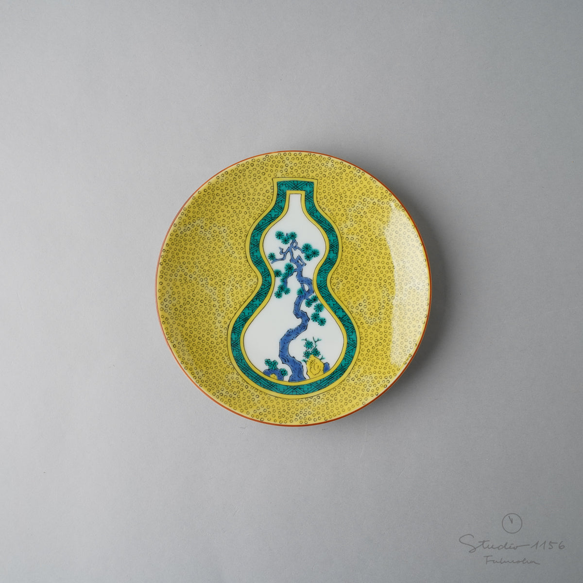 九谷焼 古九谷柄 五寸皿 15cm 青手瓢箪割松 Seikou Studio1156