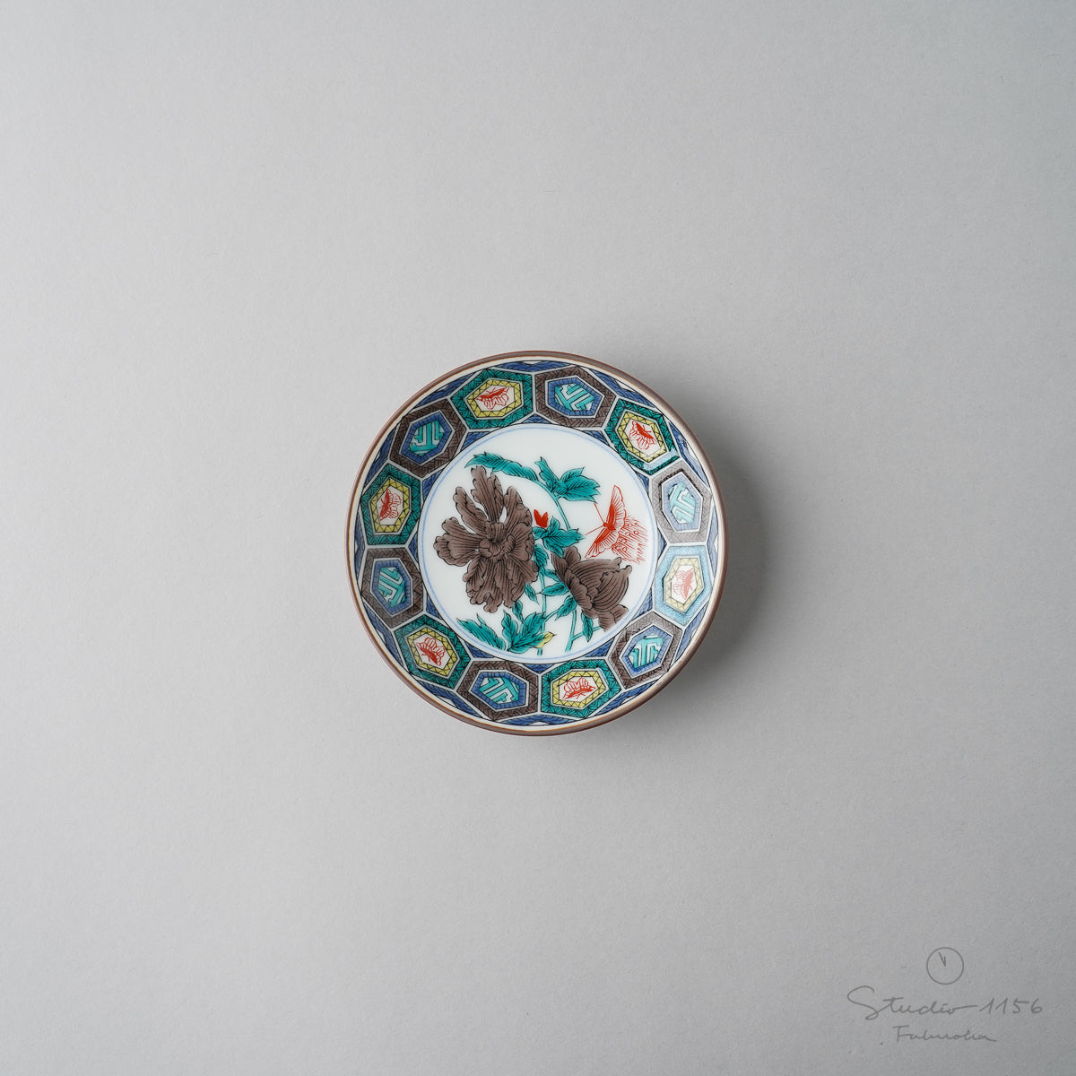 九谷焼 古九谷(色絵) 豆小皿 10.5cm 亀甲牡丹蝶紋 Seikou Studio1156