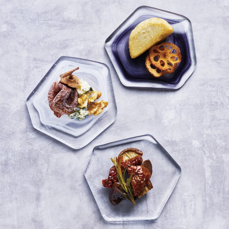 ガラス食器 水墨 多角プレート 11.5cm BK/WH/CR Yoshinuma-glass Studio1156