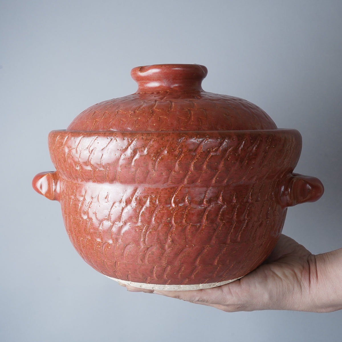 有田焼 赤釉 飛び鉋釜型鍋 五合炊き ご飯土鍋 24.5cm [オーブン直火対応] Anraku Studio1156