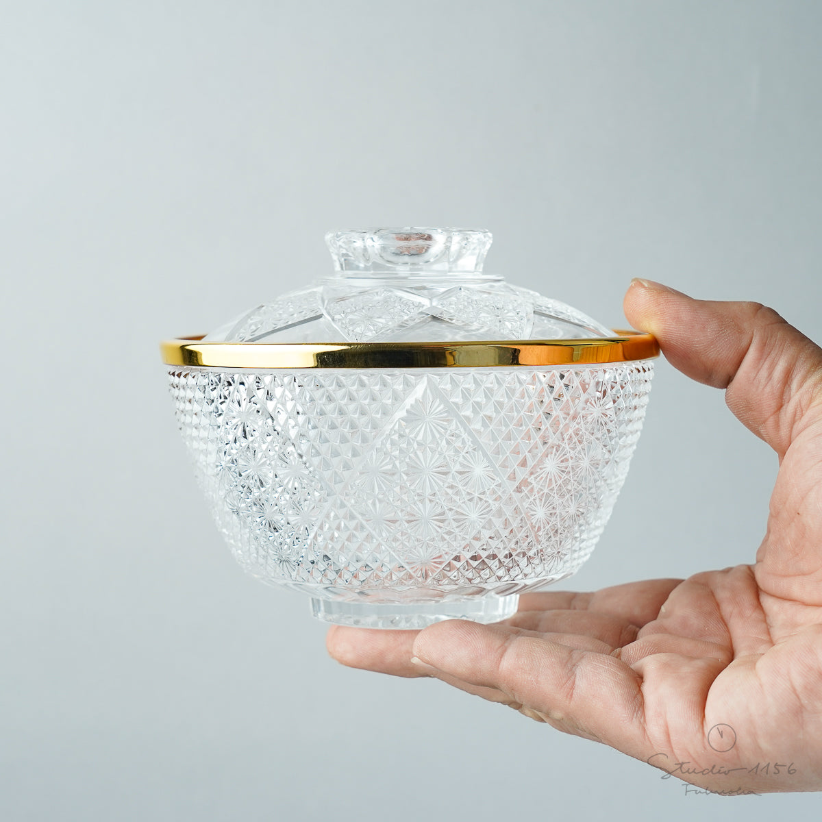 ガラス食器 蓮菊蓋物 12.5cm GD(天金) Mizusaki-Glass Studio1156