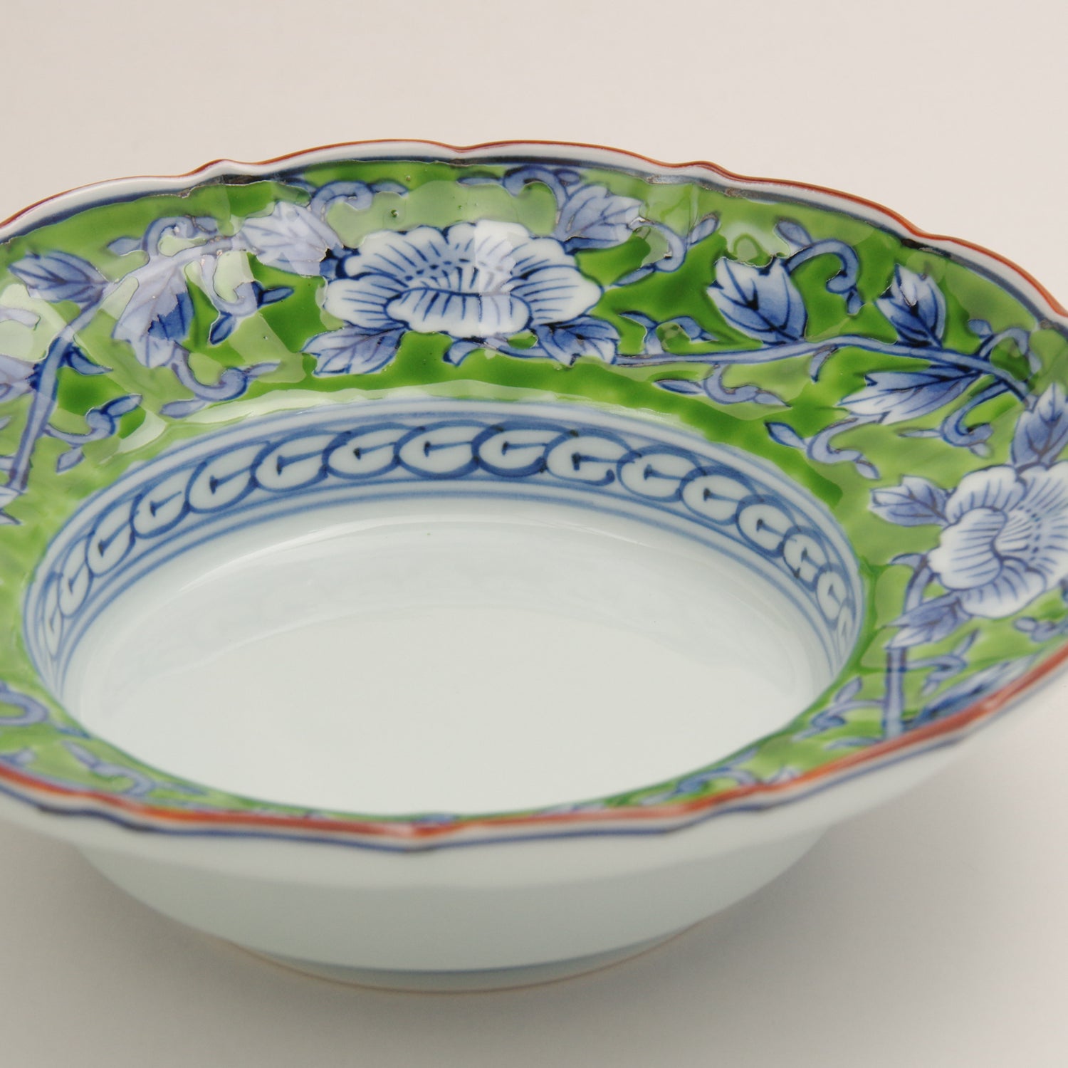 波佐見焼 錦 牡丹唐草 広渕深皿(緑) 15.5cm Korin Studio1156